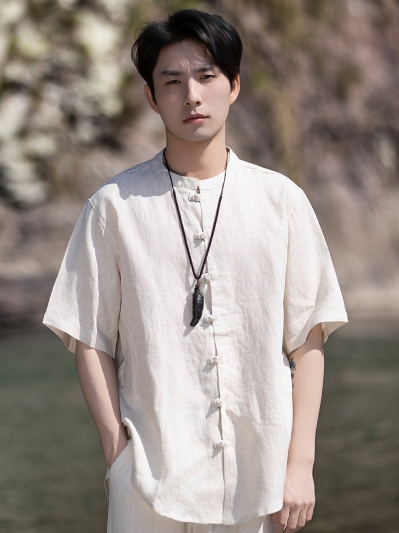 新中式复古 立领短袖纯亚麻唐装 盘扣衬衣 - 男装衬衫 - 其他材质 多色