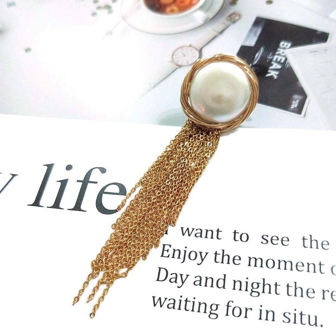I JEWELRY 金丝线环绕天然淡水大珍珠流苏别针 胸针 珍珠别针 - 胸针 - 纯银 金色