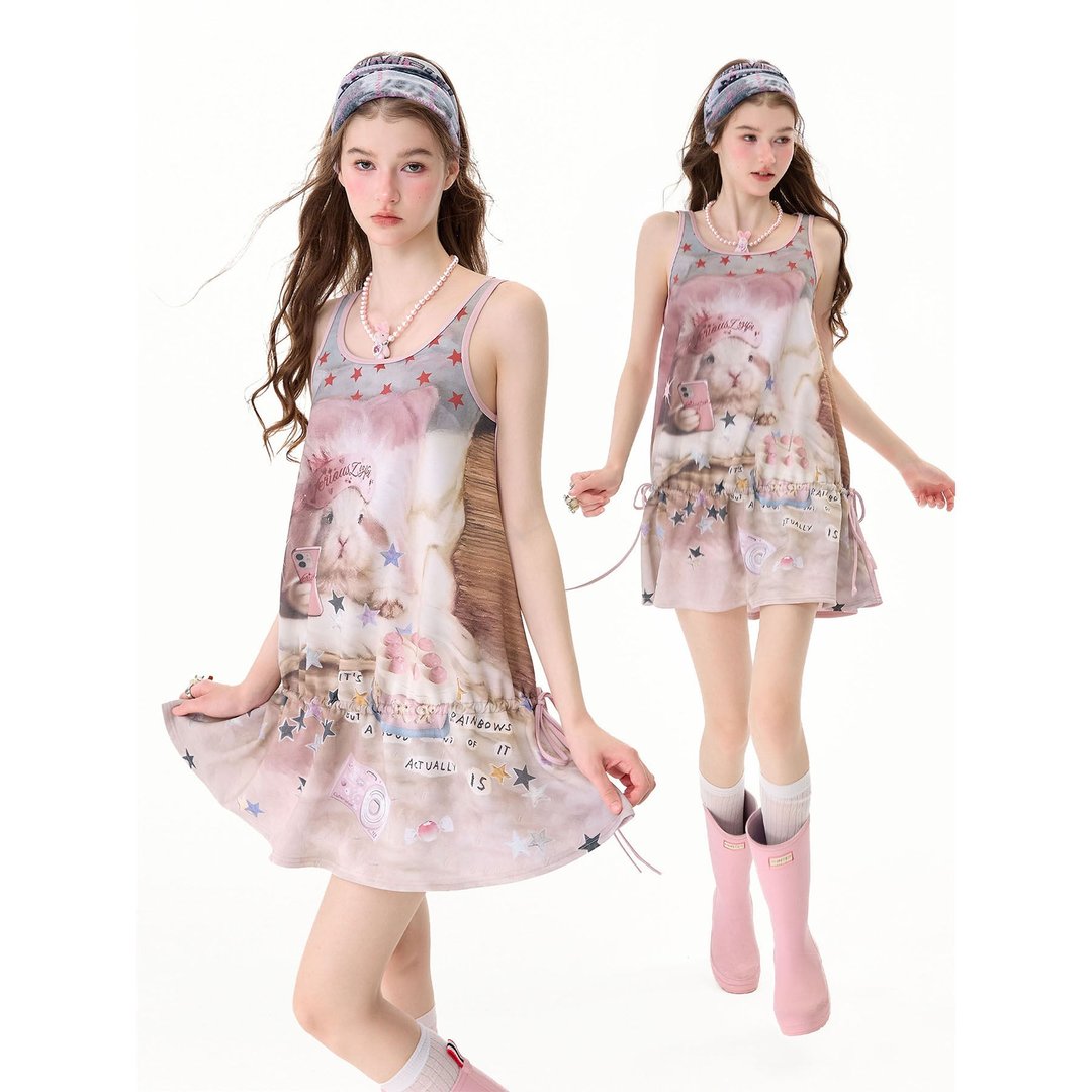 ziziFei''复古街潮''夏季美式复古猫咪印花温柔粉色背心连衣裙女 - 女装背心 - 其他材质 粉红色