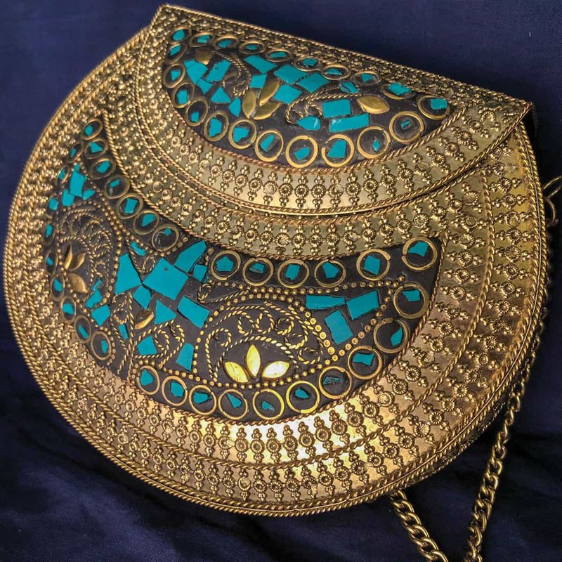 印度石质马赛克手工拼贴肩背包－典雅铜 - 侧背包/斜挎包 - 铜/黄铜 金色