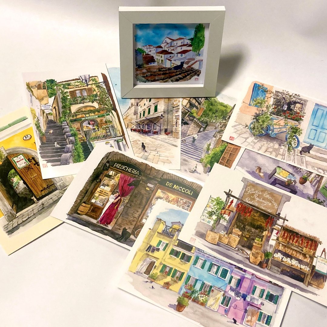 Watercolor postcard & mini frame of landscape with cat - 卡片/明信片 - 纸 