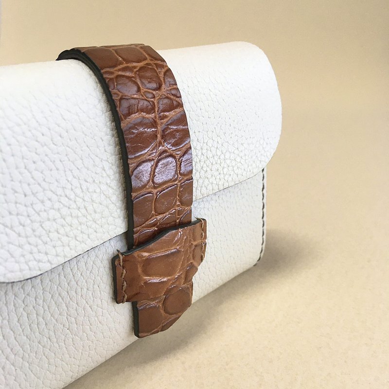 经典荔枝纹牛皮短夹-乳白/咖啡 - 皮夹/钱包 - 真皮 白色