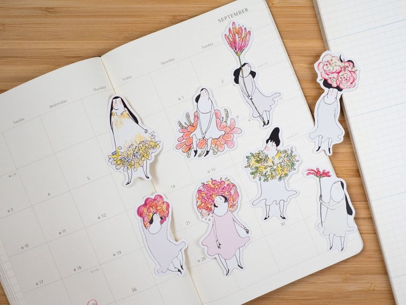 女孩与花 8入贴纸组 | 手绘插画贴纸 | dodolulu - 贴纸 - 纸 