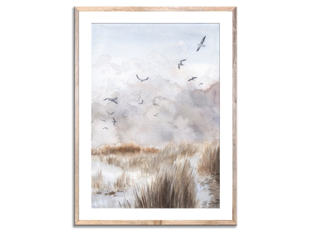 Dunes Landscape Art Print Seagull Watercolor Painting Pampas Grass Wall Art - 海报/装饰画/版画 - 纸 灰色