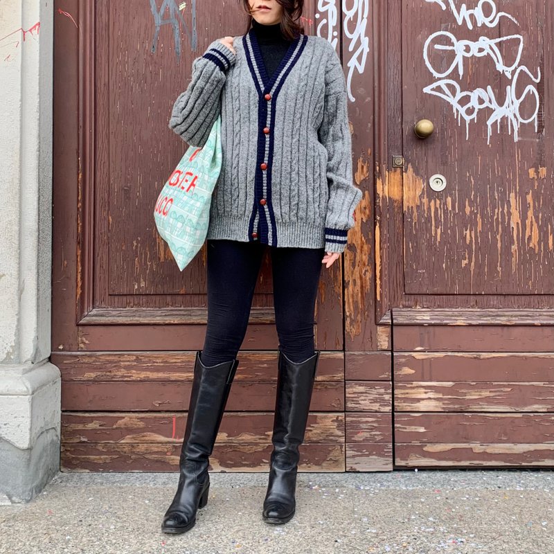 古着 意大利制 男女同款 灰色麻花 开衫毛衣 - 男装针织衫/毛衣 - 羊毛 灰色