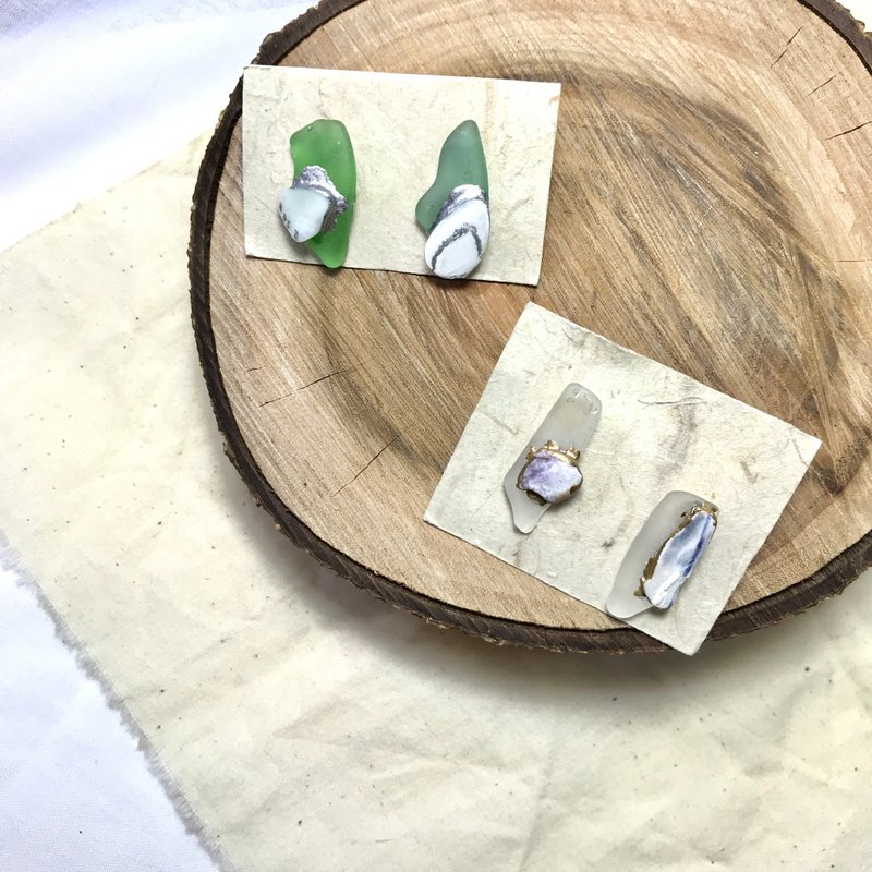 【SISIRE |永续珠宝海玻璃】海玻璃与贝壳の美妙组合耳环 - 耳环/耳夹 - 玻璃 