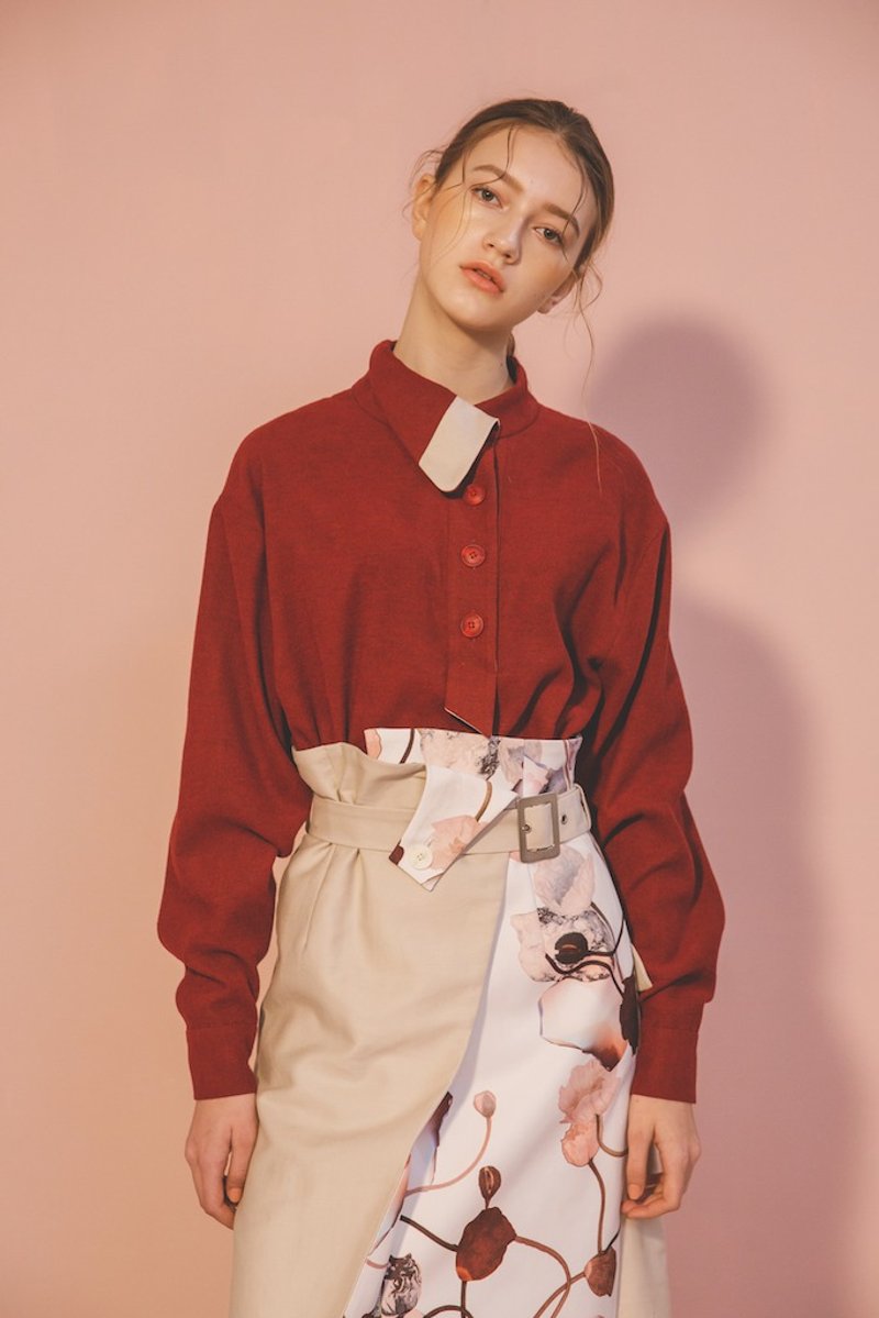 限量出清特惠 / 酒红色半开襟上衣 - 女装上衣 - 其他人造纤维 红色