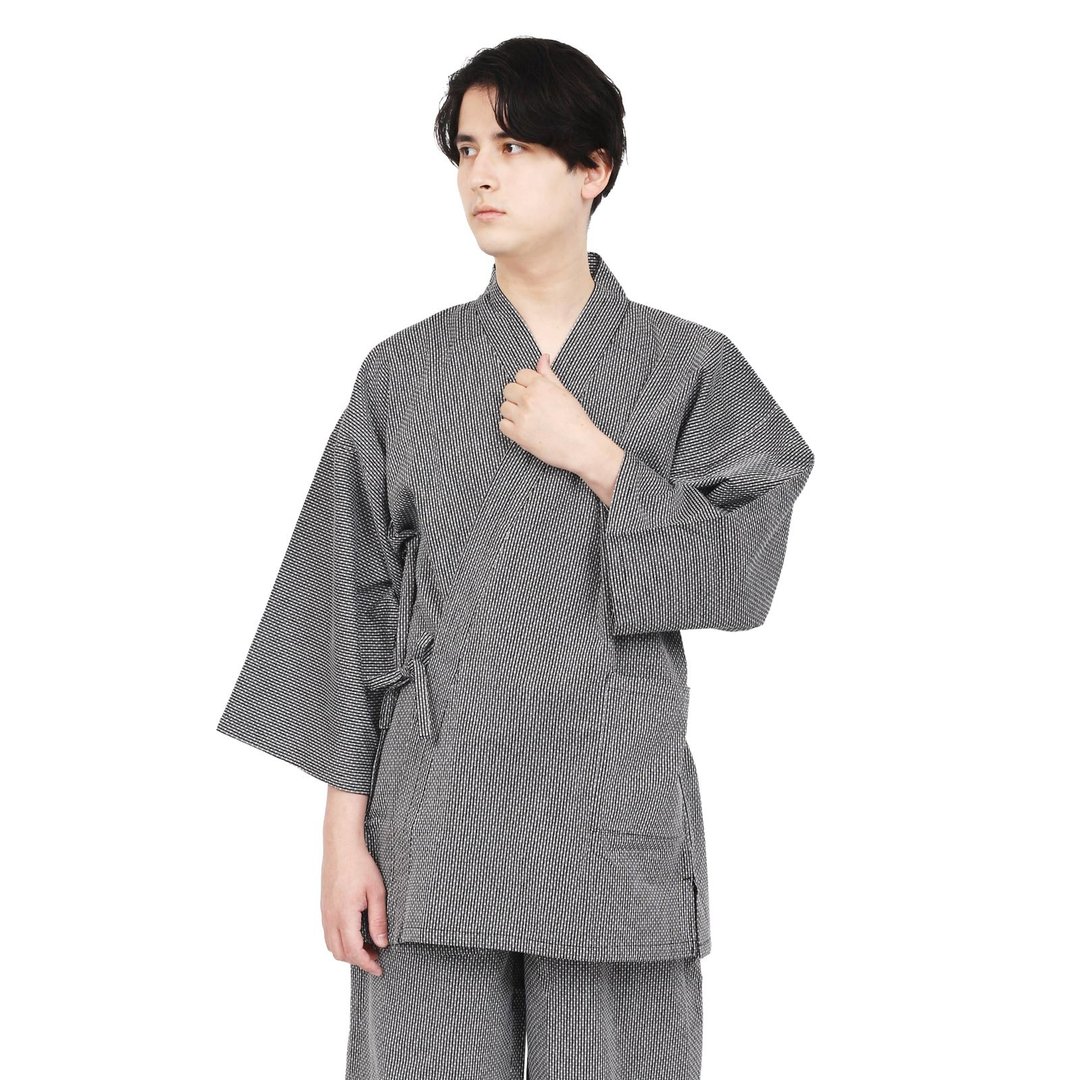 黑白色 日式 刺し子风作务衣 男装 100% 纯棉 和风休闲居家套装 - 居家服/睡衣 - 棉．麻 黑色