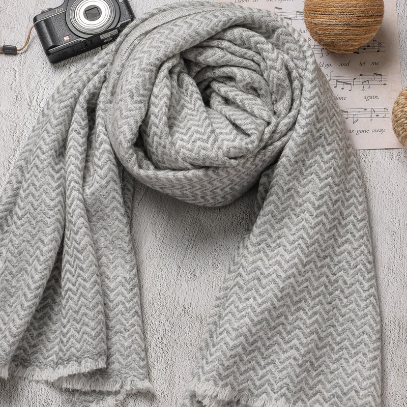 【厚款】喀什米尔羊毛围巾/披肩  小山形原色无染灰色 手工机织 - 围巾/披肩 - 羊毛 灰色