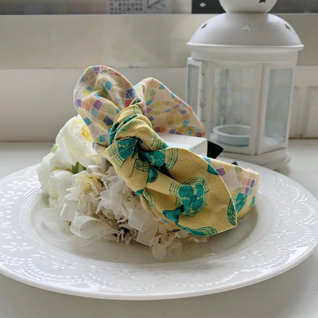 台湾文青-拼布棉麻布绑结蝴蝶结发箍头箍发饰-花砖与电风扇 - 发饰 - 棉 黄色