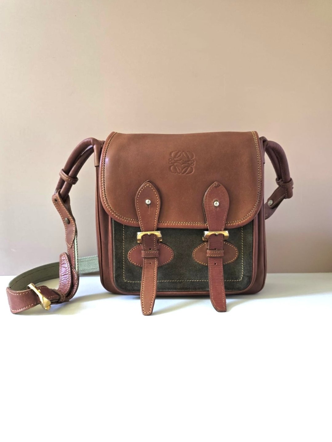 绝版古董包 Loewe拼色豆腐包侧背包 斜孭包 中古包 皮革包 单肩包 - 侧背包/斜挎包 - 真皮 咖啡色