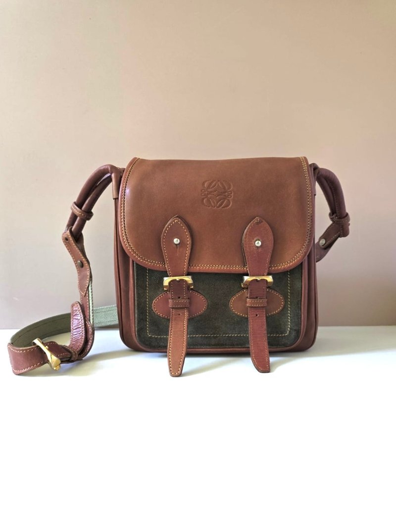 绝版古董包 Loewe拼色豆腐包侧背包 斜孭包 中古包 皮革包 单肩包 - 侧背包/斜挎包 - 真皮 咖啡色