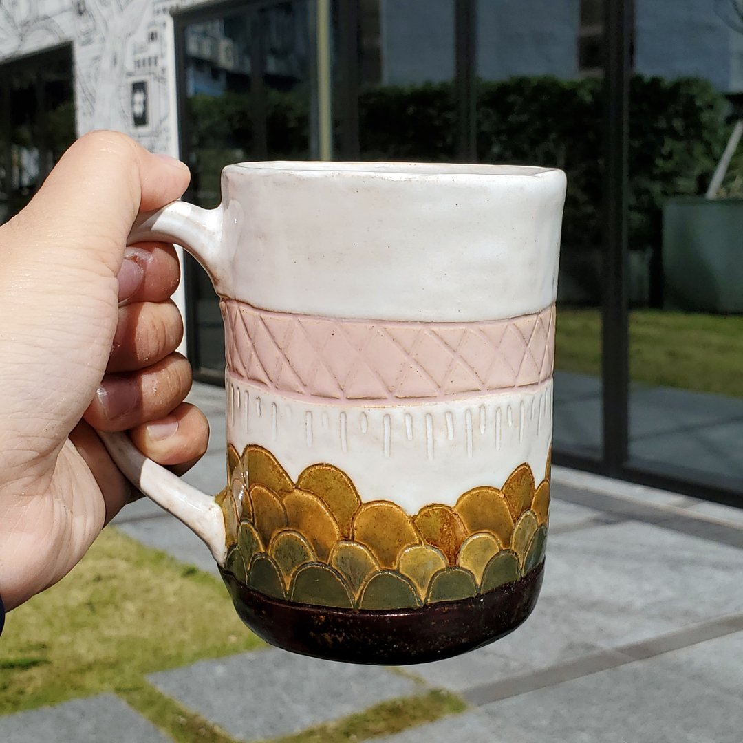 Art Deco 陶艺雕刻杯No.6 - 咖啡杯/马克杯 - 陶 卡其色