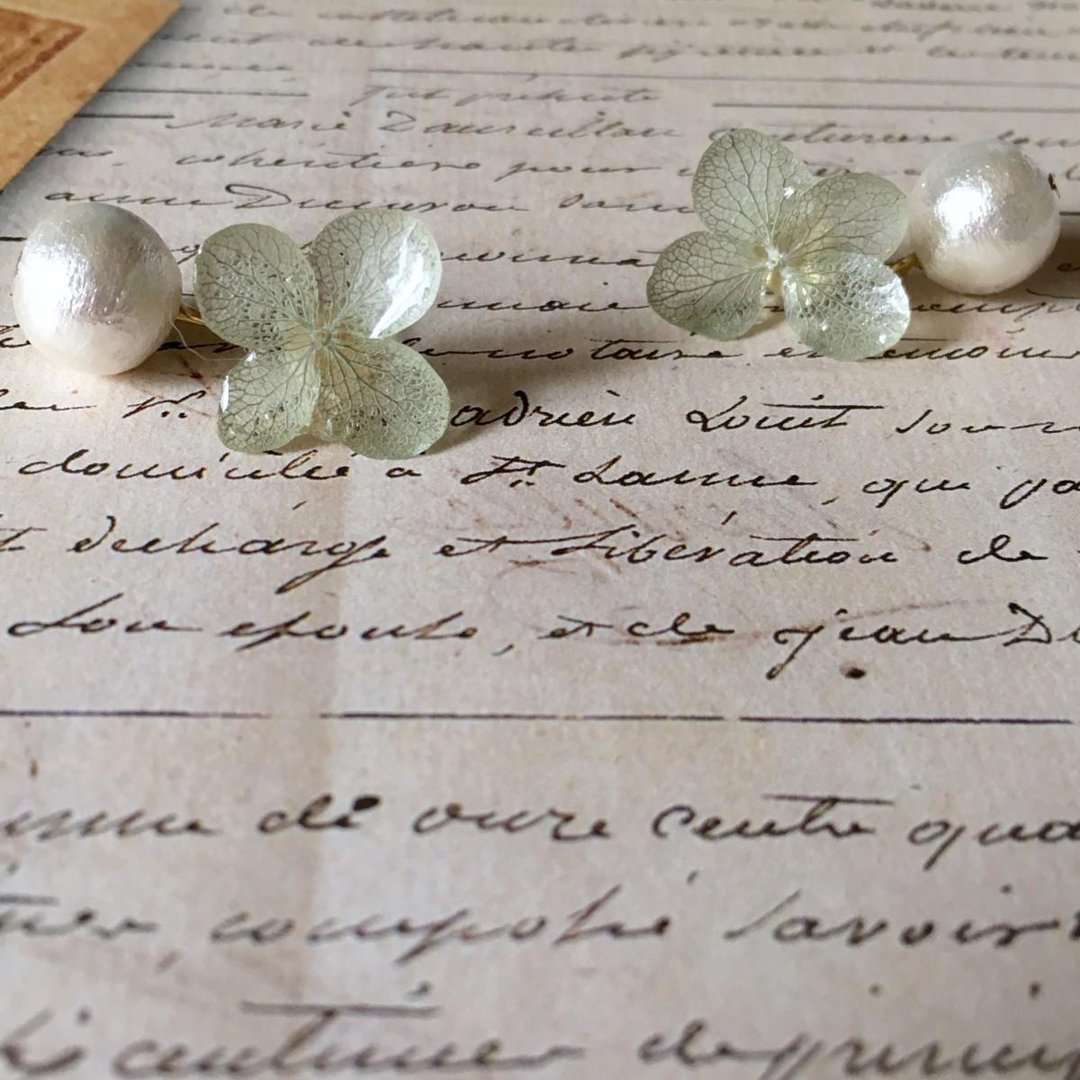 *Gray*Hydrangea pierce and pearl catch - 耳环/耳夹 - 植物．花 灰色