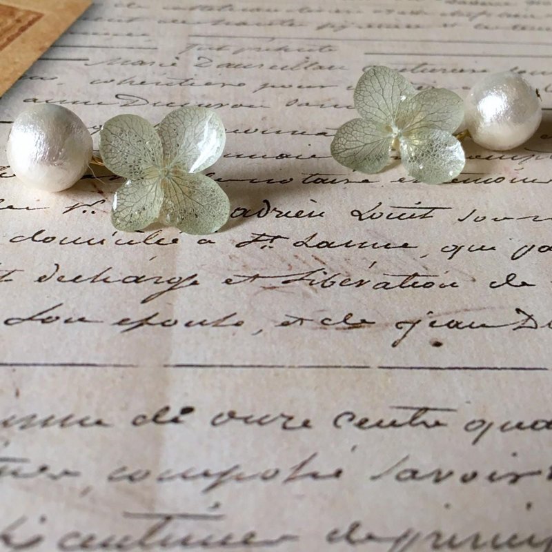 *Gray*Hydrangea pierce and pearl catch - 耳环/耳夹 - 植物．花 灰色