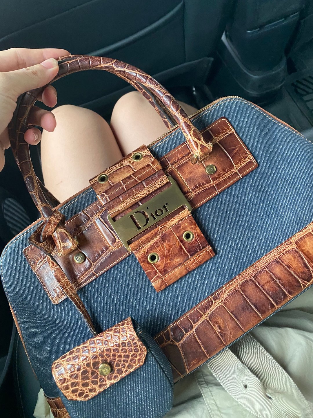 Dior Vintage丹宁鳄鱼压纹拼接手提包 欧洲Vouge专文推 - 手提包/手提袋 - 真皮 蓝色