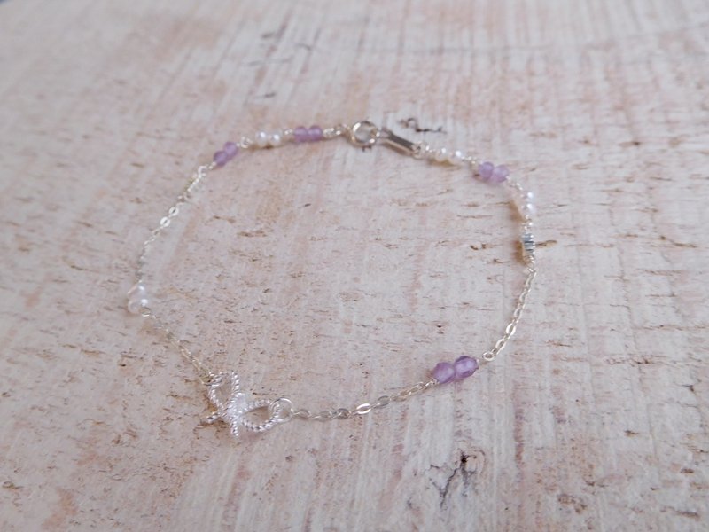 纯银925可爱蝴蝶结紫水晶珍珠手链 - 手链/手环 - 其他材质 银色