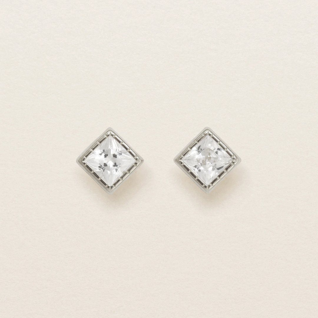 【Second Earrings】 铂金立方氧化锆方形切割耳环 - 耳环/耳夹 - 贵金属 