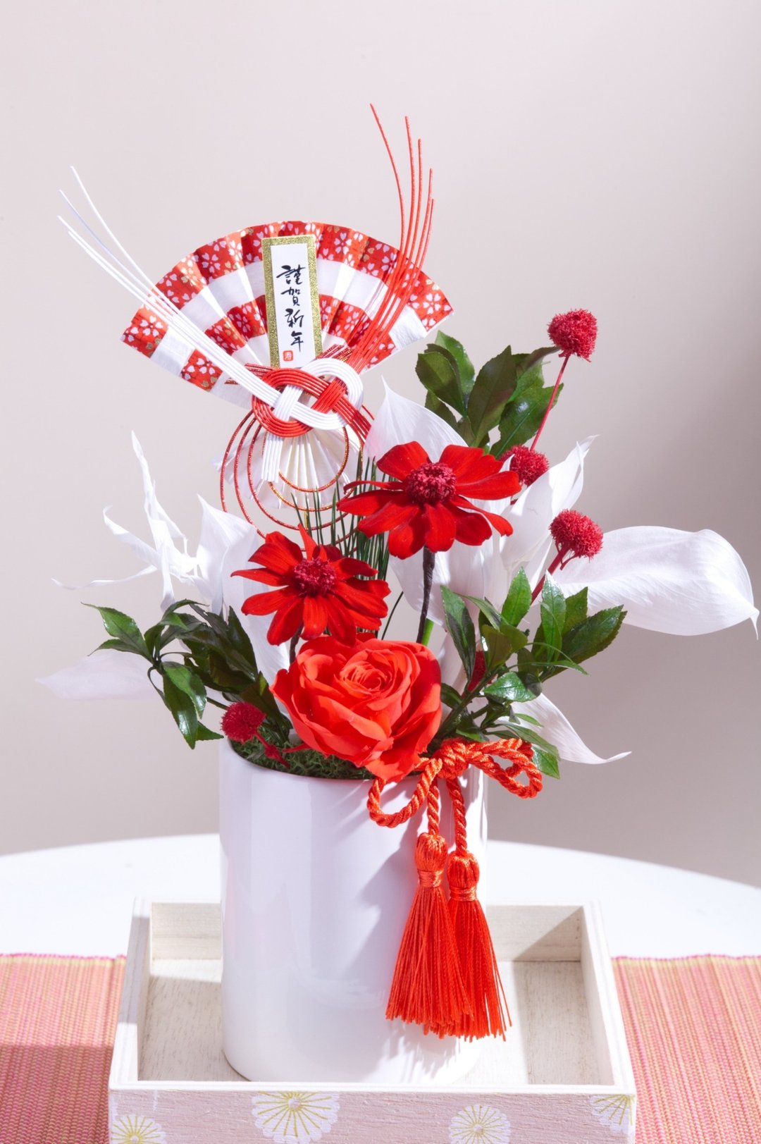 新春花礼限量款【百日草-红-谨贺新年扇】永生花  桌花 - 干燥花/捧花 - 植物．花 红色