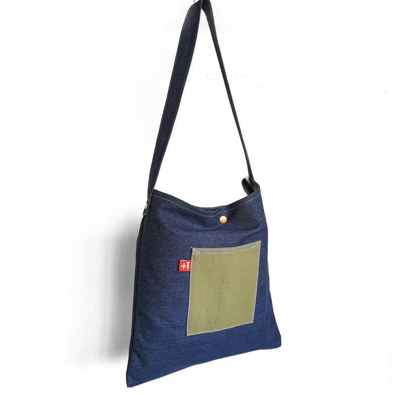 Plus 1 深蓝丹宁牛仔配军绿帆布单肩袋/单肩包/背包 - 侧背包/斜挎包 - 棉．麻 多色