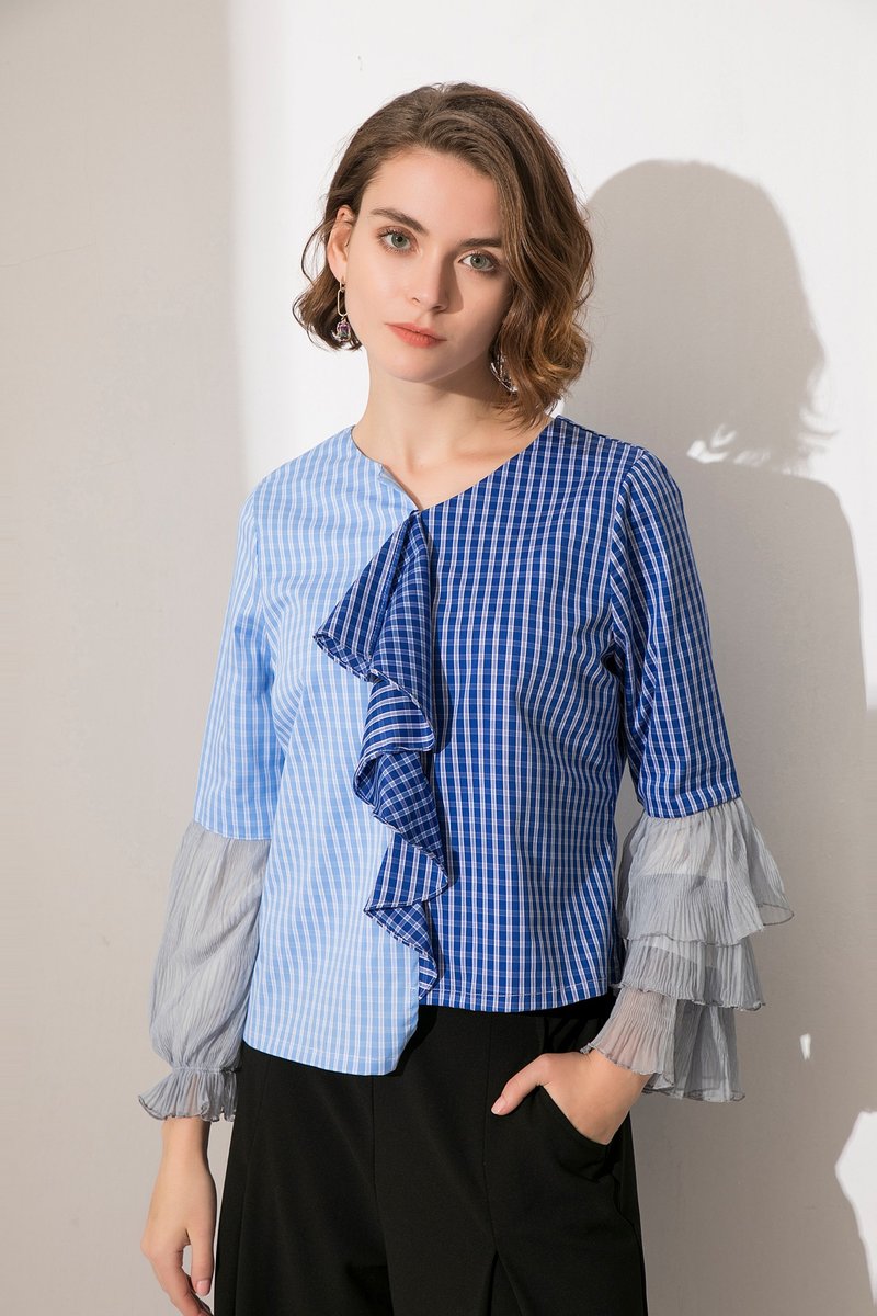 NEGA C. 不规则拼色格子个性风上衣--蓝色 - 女装上衣 - 聚酯纤维 蓝色