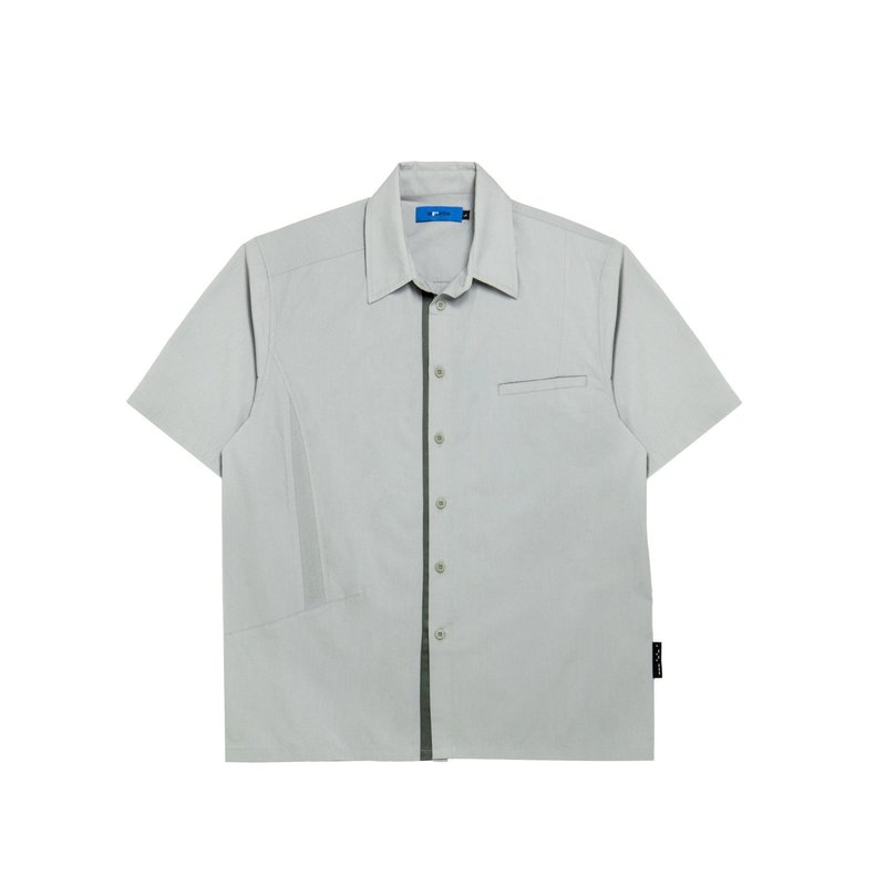 罗纹拼接短袖衬衫-浅灰 - 男装衬衫 - 棉．麻 灰色