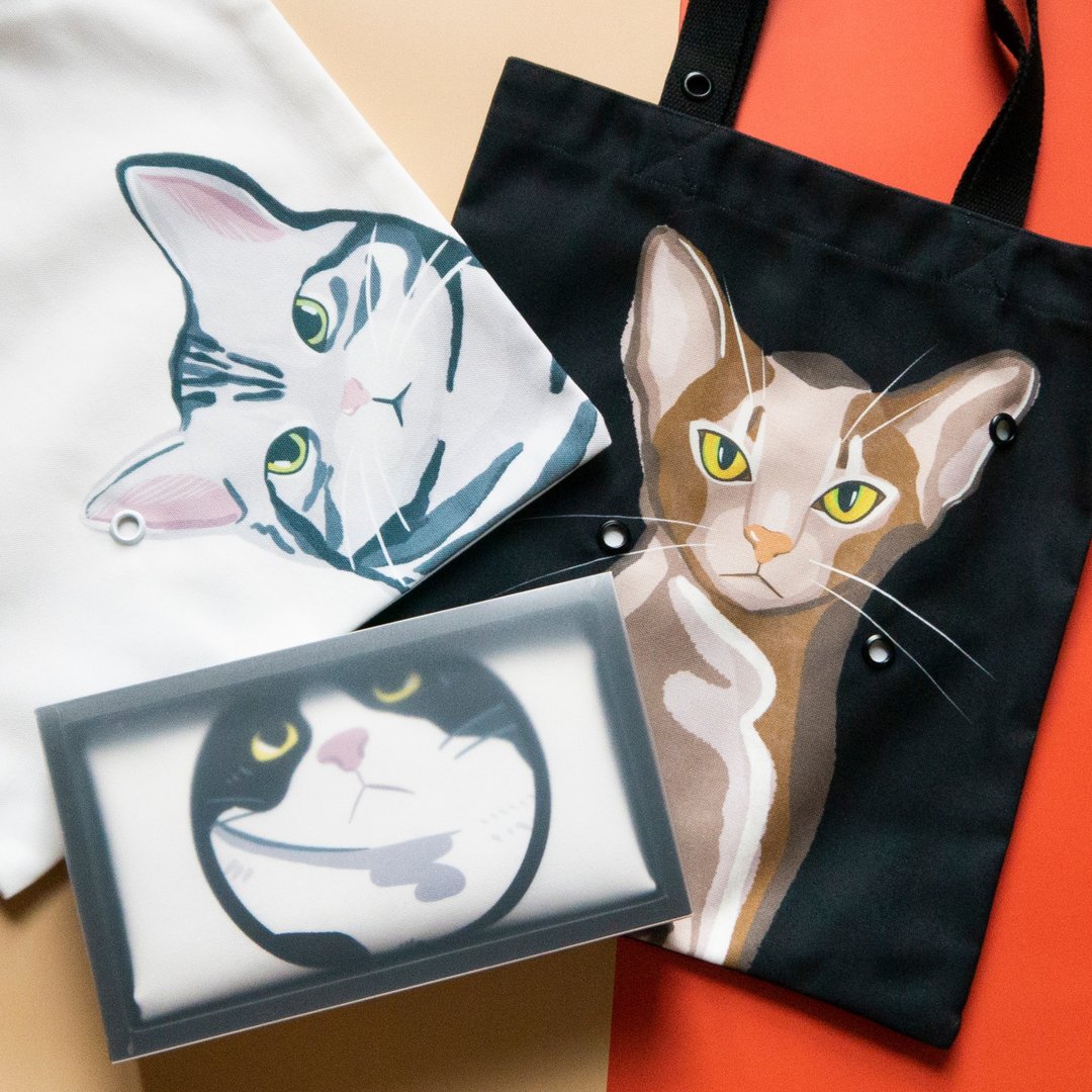 猫咪双面插画帆布包-三件任选组合 - 手提包/手提袋 - 聚酯纤维 白色