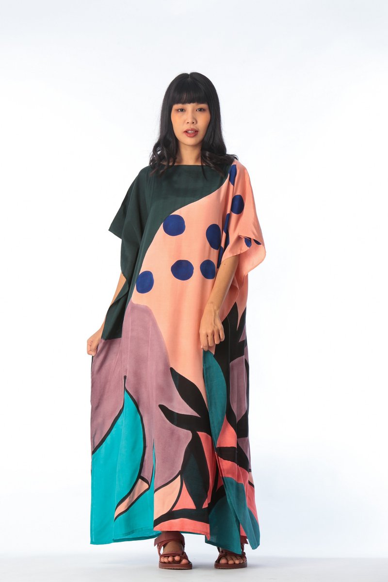 Hand Painted Cotton Silk Kaftan for Summer Resort Vacation F - 洋装/连衣裙 - 棉．麻 绿色