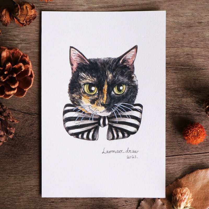 水彩插画原画稿 猫咪头像 4X6 6寸 4002 三花猫与蝴蝶结领 - 海报/装饰画/版画 - 纸 