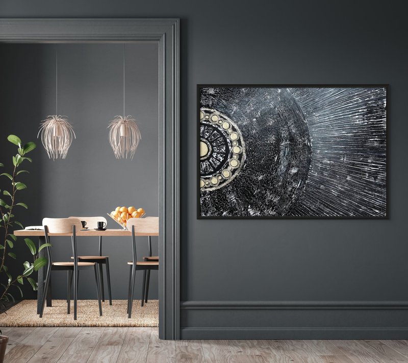 画布上大型抽象黑色油画，带有纹理和金色原漆 - 墙贴/壁贴 - 棉．麻 黑色