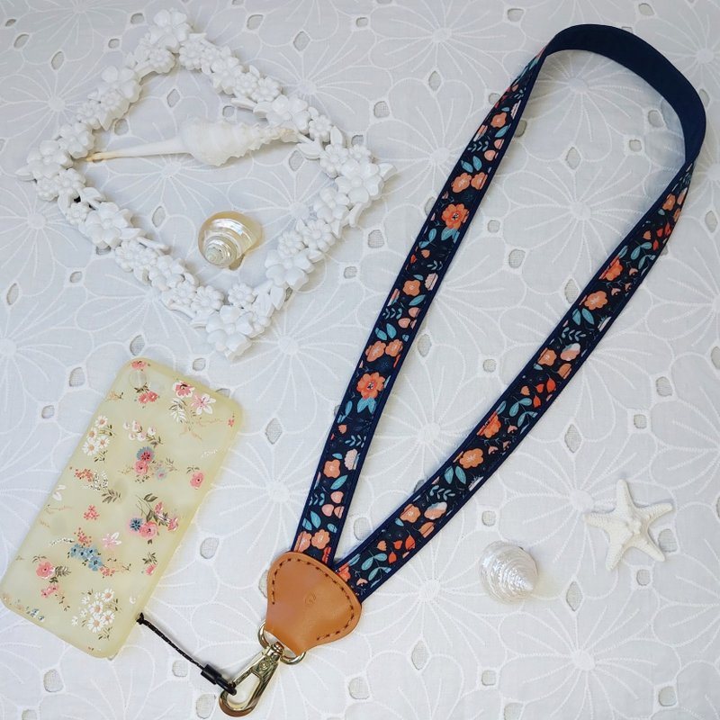 深蓝色系Y型减压韩国双色花布真皮手机颈挂绳 - 挂绳/吊绳 - 棉．麻 蓝色