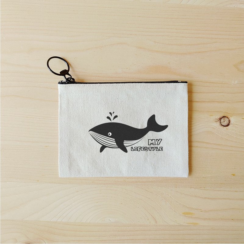 鲸鱼 扁型小收纳袋/零钱袋 热转印 - 零钱包 - 棉．麻 蓝色