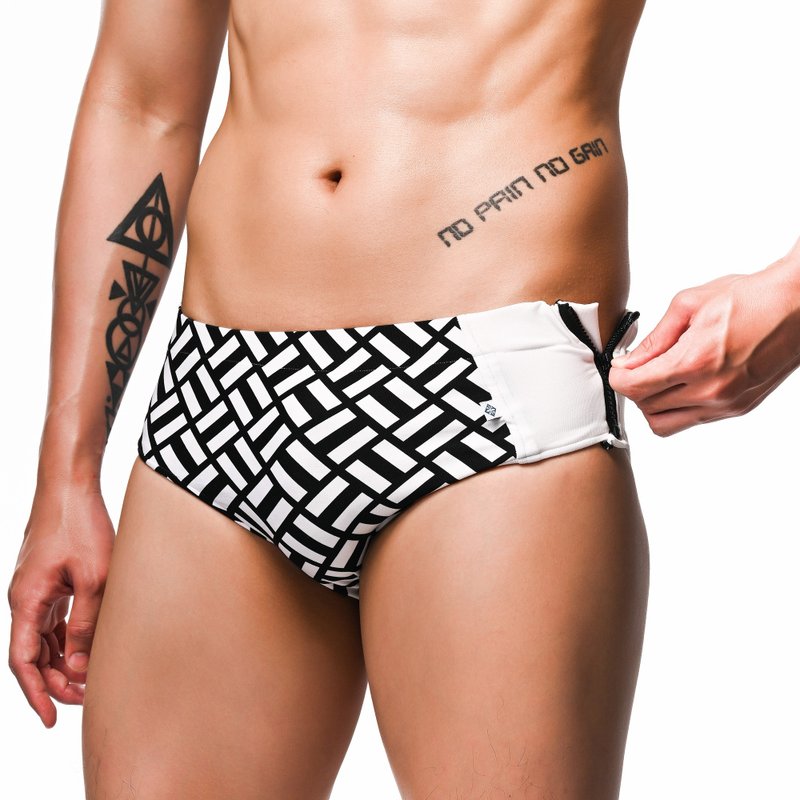 中低腰 四角拉链款泳裤 - 格纹白 - 男装泳裤 - 其他人造纤维 白色