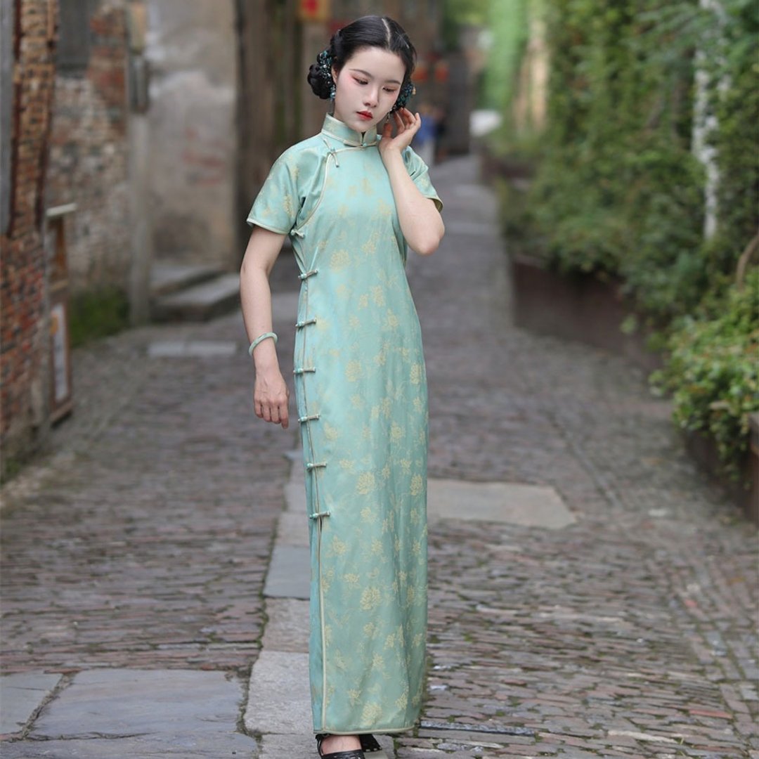 野蔓春生青色提花 / 倒大袖緞面旗袍 / 全開襟平裁顯瘦款 - 旗袍 - 棉 绿色