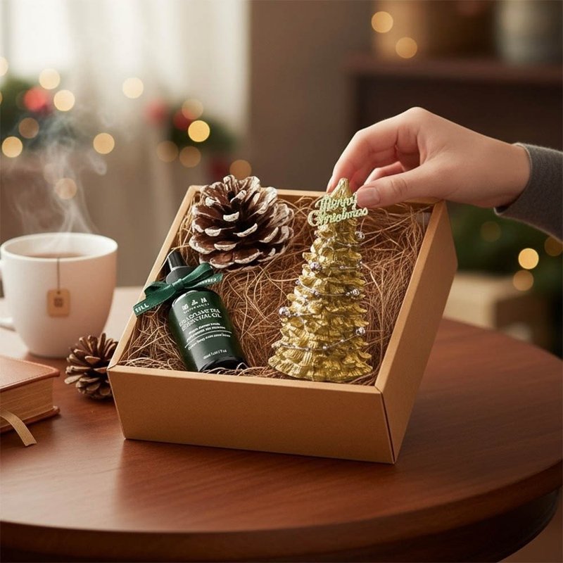 Happy Christmas 香槟闪金圣诞树扩香礼盒(含30ml品牌香氛油) - 香薰/精油/线香 - 植物．花 卡其色