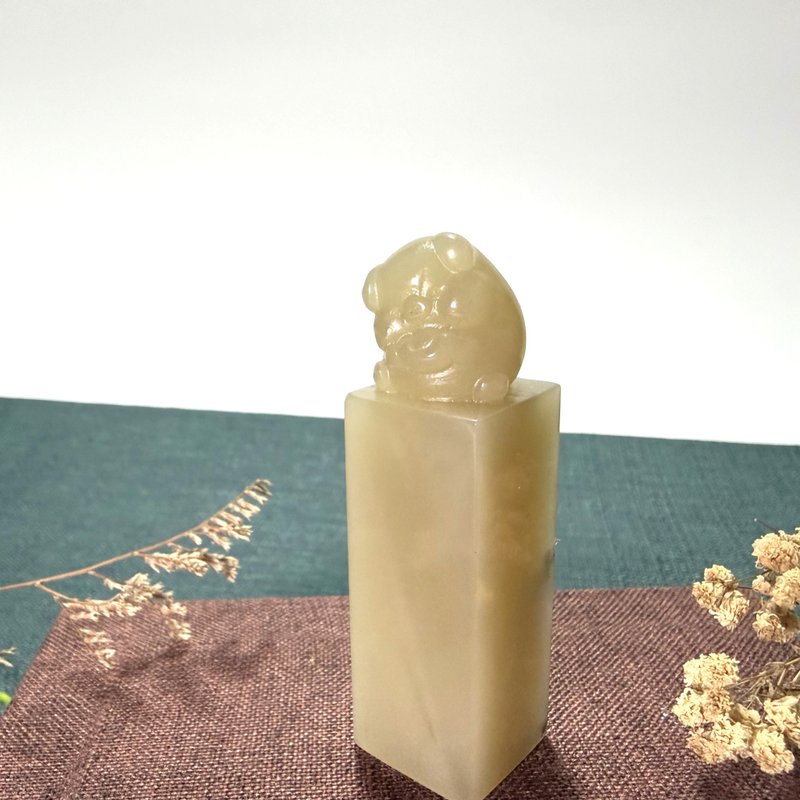 手工刻印定制单章 • 姓名方章 • 招财进宝小猪仔 • 老挝石印章 - 印章/印台 - 石头 白色