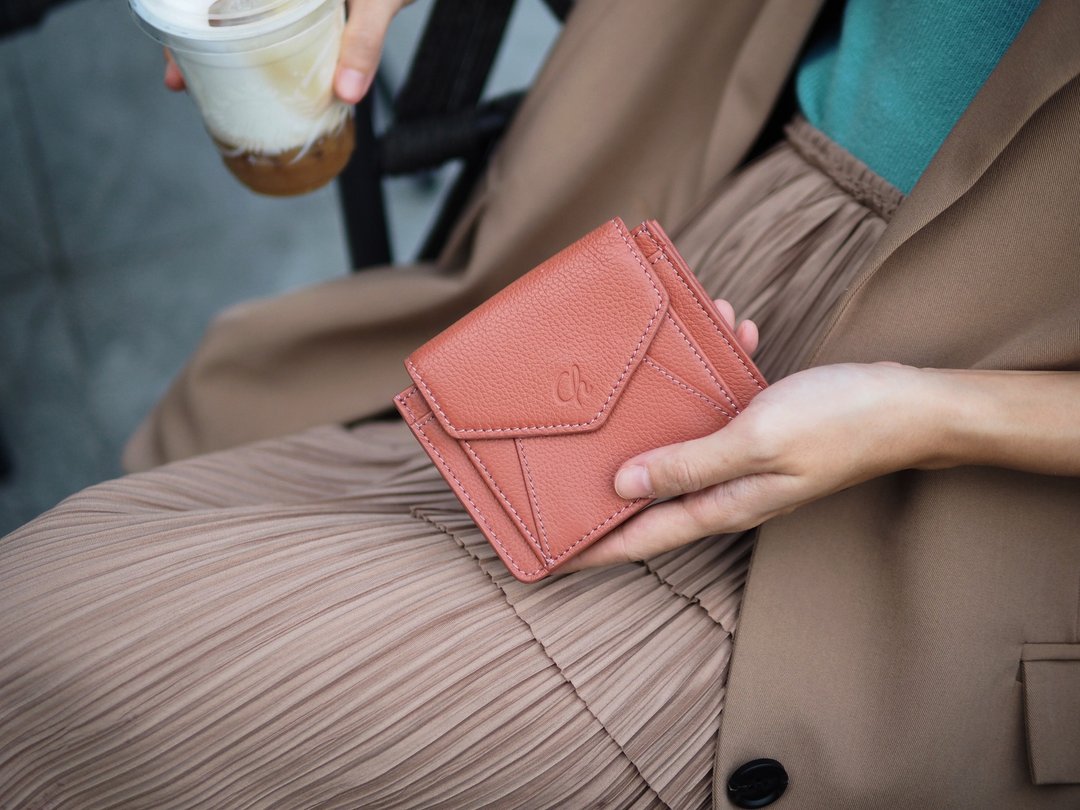 Daily (Coral) : Mini wallet, short wallet, cow leather, Orange-Brown - 皮夹/钱包 - 真皮 橘色