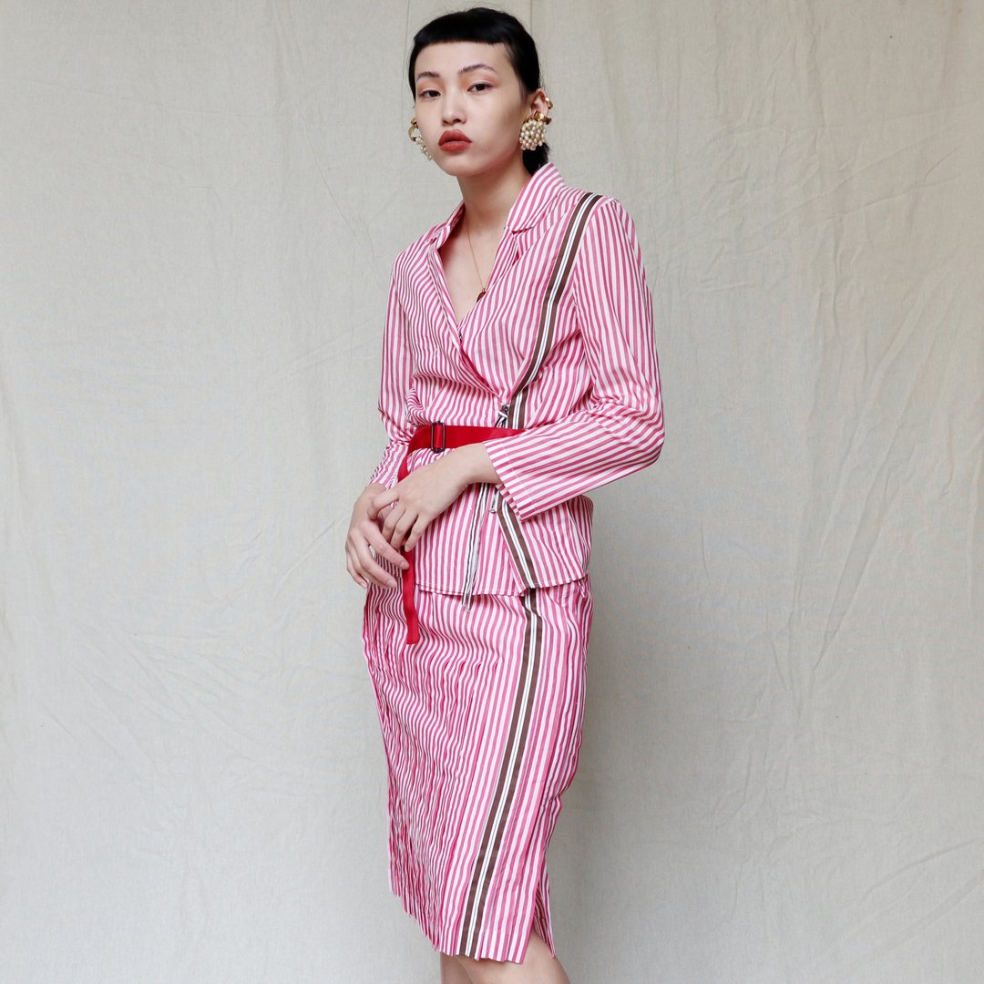 南瓜Vintage。古着 意大利制 Bottega Veneta 高级 条纹 及膝裙 - 裙子 - 棉 