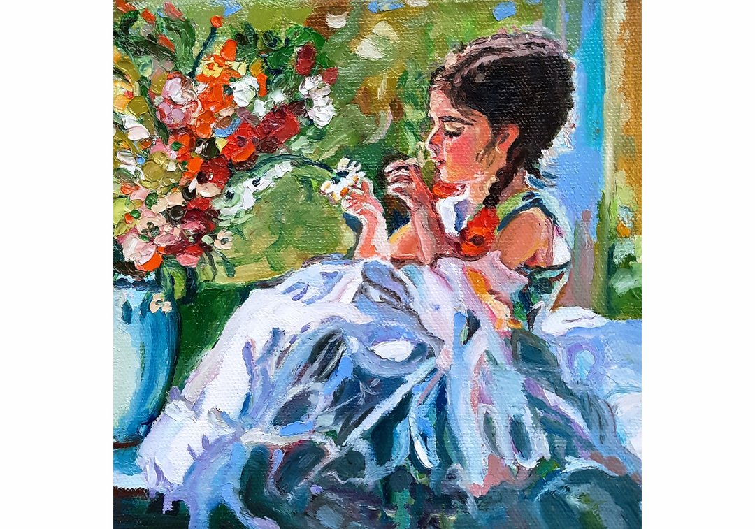 油畫原作 Girl Painting Original Art 油畫 Oil Painting Oil on Canvas Wall Decor - 墙贴/壁贴 - 其他材质 蓝色