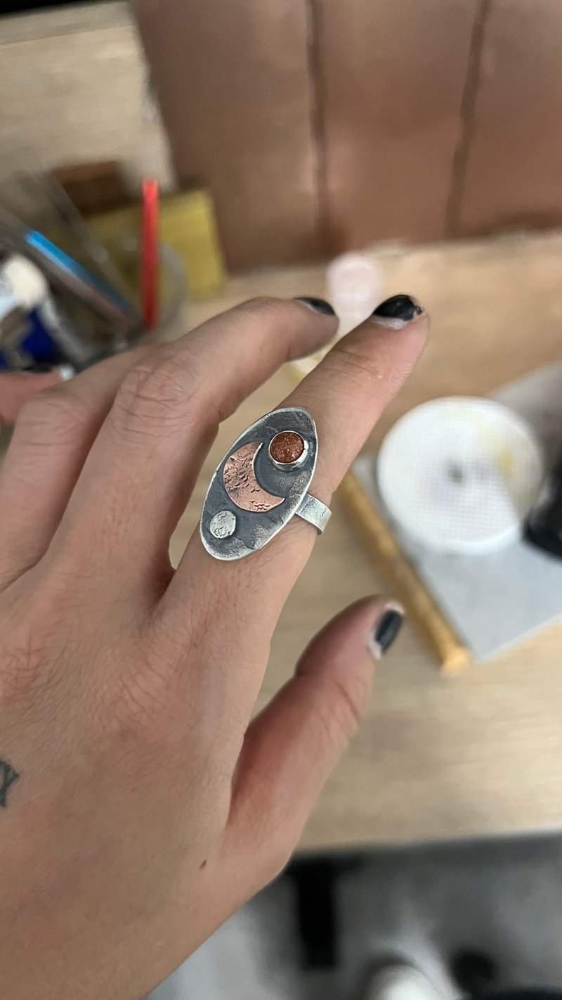 手工纯银月亮图案做旧戒指 - 戒指 - 纯银 灰色