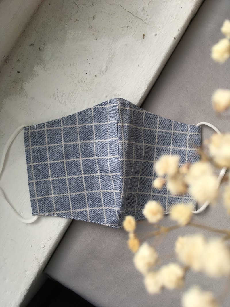 布口罩/纯棉/浅蓝格纹/中性款 - 口罩 - 棉．麻 蓝色