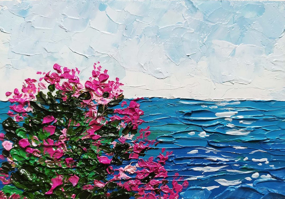 Landscape flowers bougainvillea oil painting impasto original work flowers art - 墙贴/壁贴 - 其他材质 蓝色