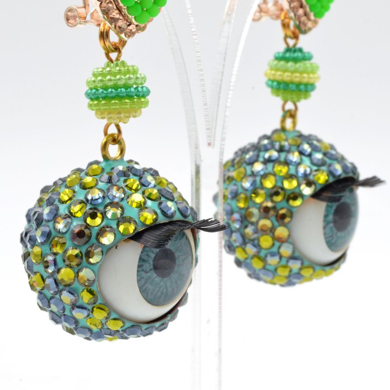 幻彩绿色施华洛水晶石 眼球眼珠耳环 24mm直径 眨眼睡眼Swarovski - 耳环/耳夹 - 其他金属 绿色