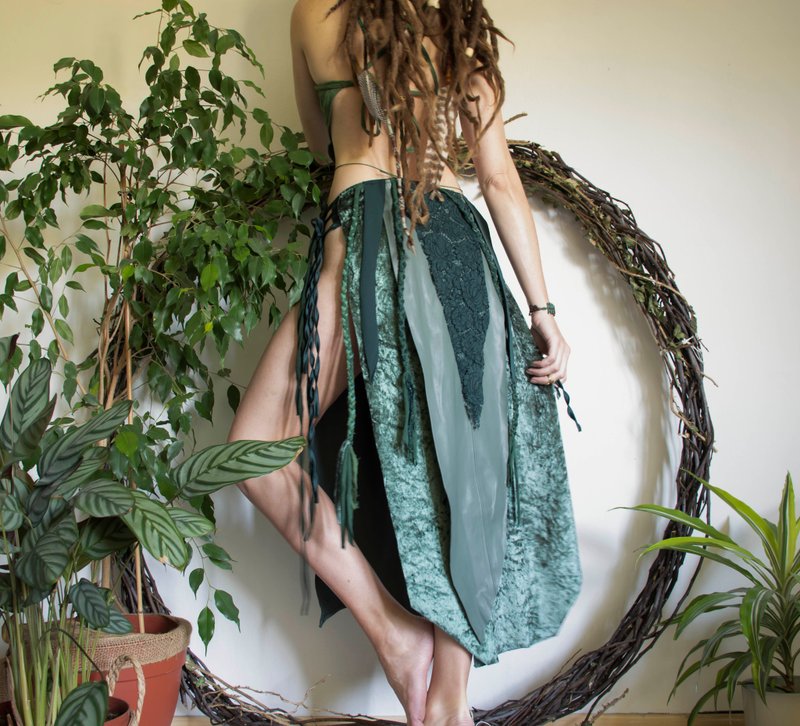 长版深绿色开衩裙，绑带裙，部落风格节庆服饰 - 裙子 - 其他材质 绿色