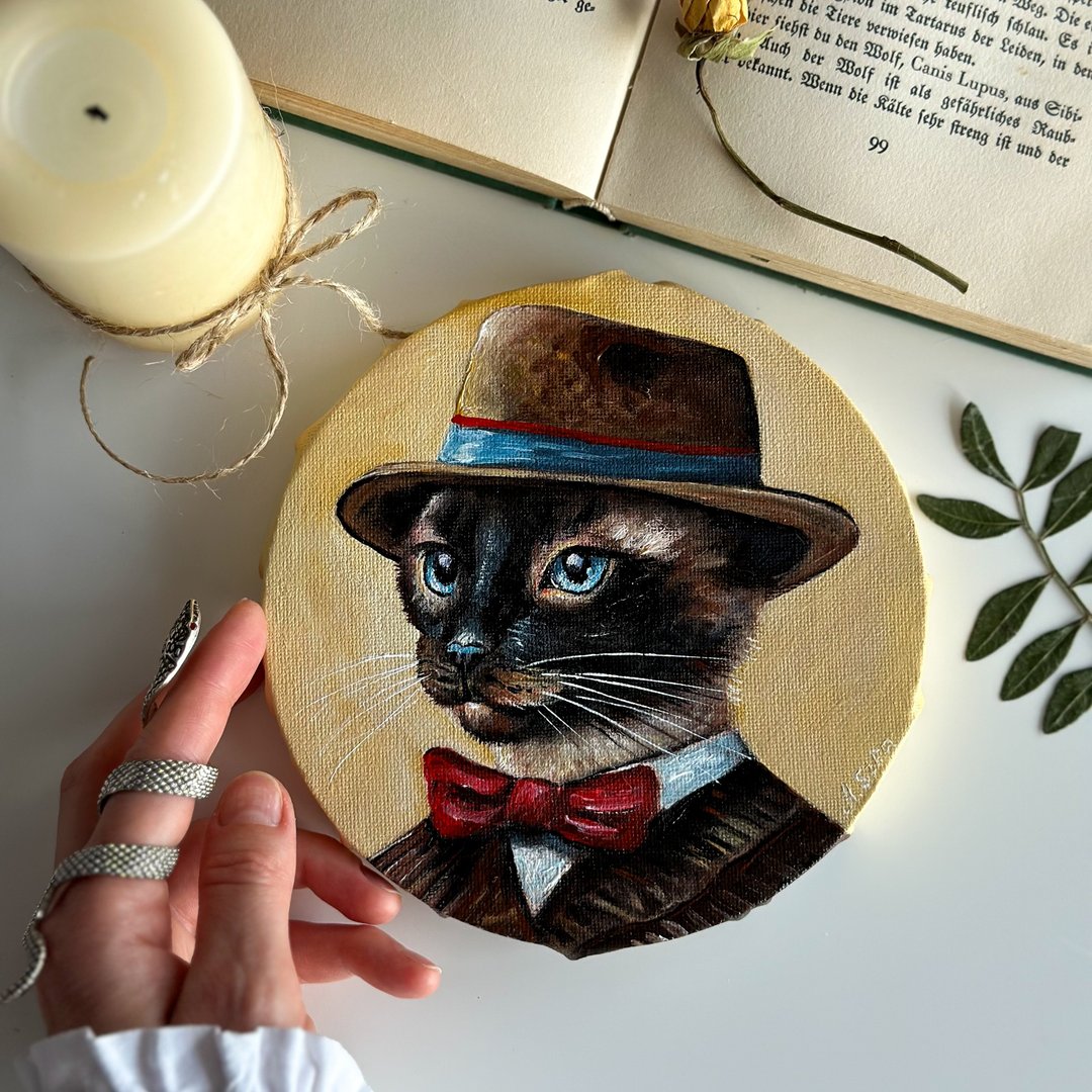 暹罗猫原创画、猫迷你画、复古风格动物墙艺术 - 墙贴/壁贴 - 棉 卡其色