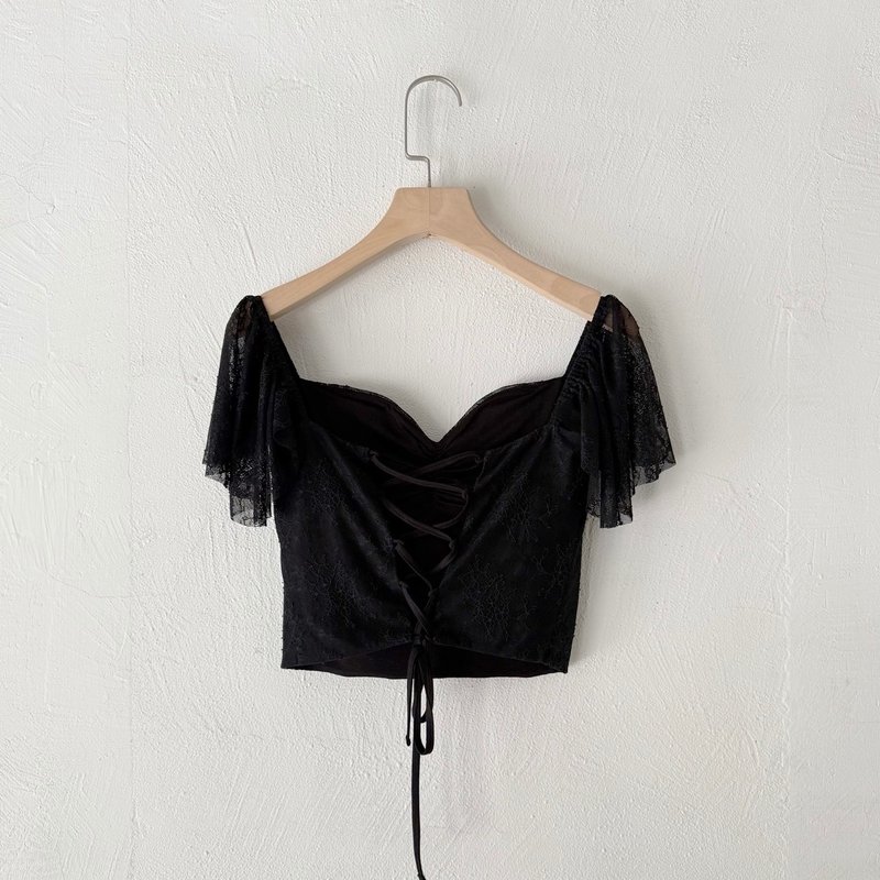 订制系列 - 法式马甲绑带飘袖上衣 (纯黑蕾丝) - 女装背心 - 其他材质 