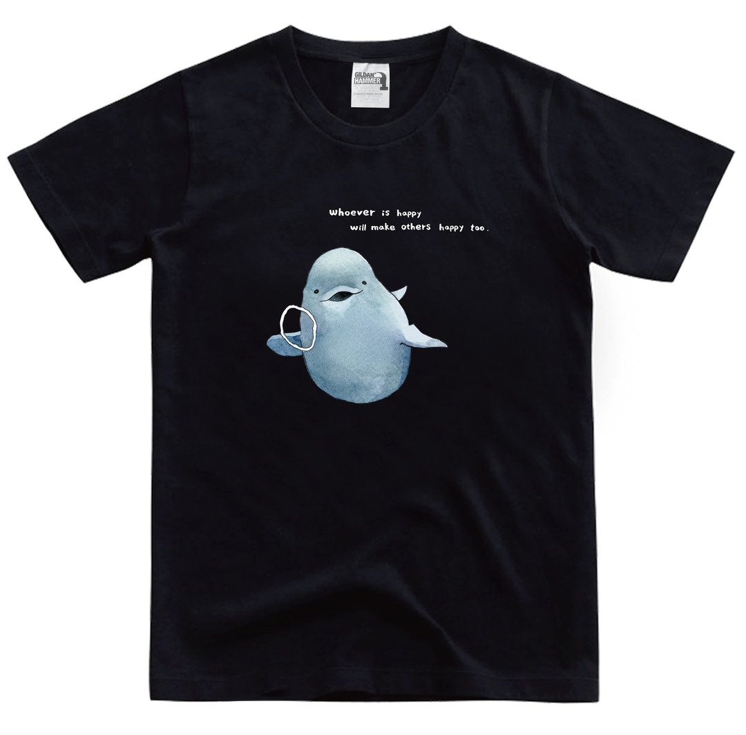 | 微光Ocean | 插画T-shirt_泡泡小白鲸 - 中性连帽卫衣/T 恤 - 棉 黑色