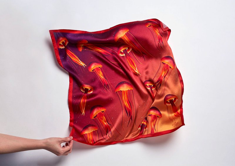 Ocean Silk Satin Scarf (Jellyfish), Pure Silk Satin, Square Scarf - 丝巾 - 丝．绢 红色
