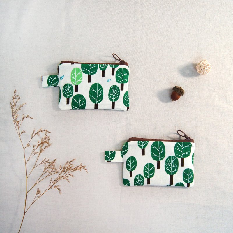 现货手作森林树木零钱包小收纳包-白 - 零钱包 - 棉．麻 绿色