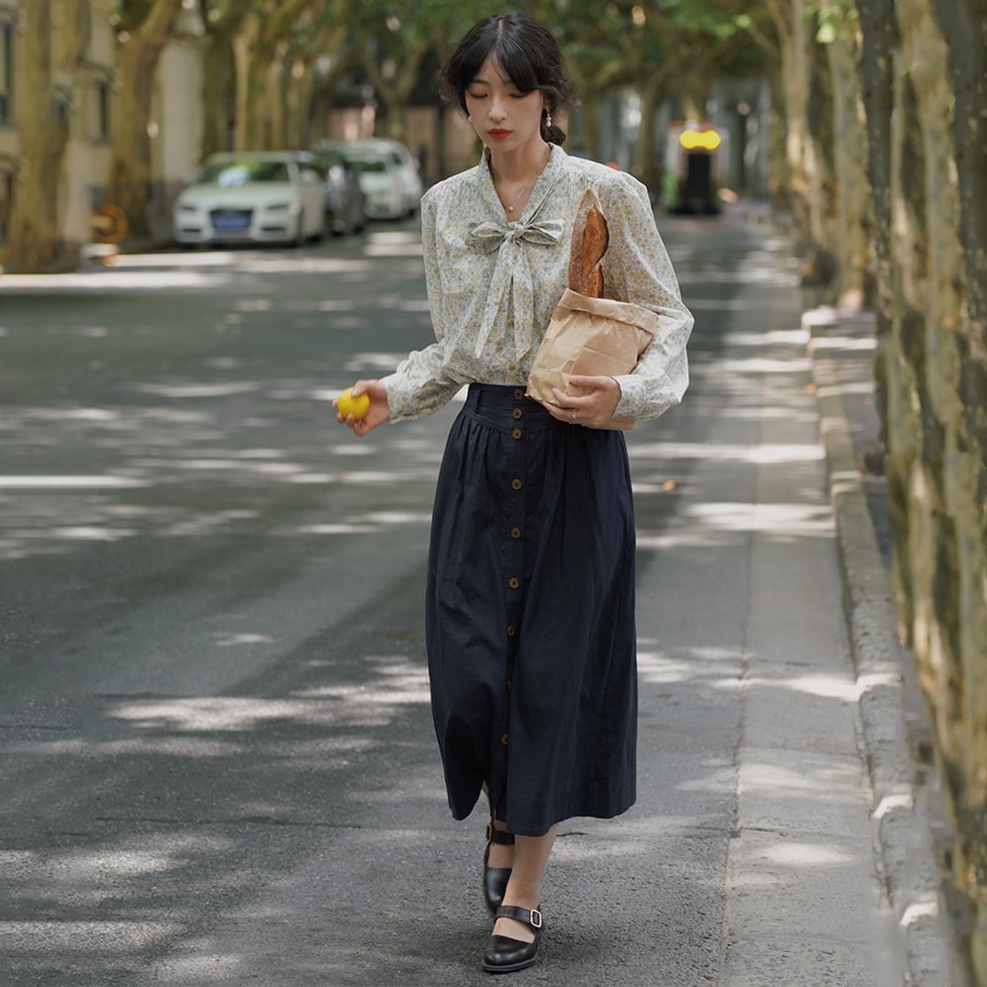 藏青色高腰系带A字裙|半裙|夏秋款|亚麻棉|Sora-772 - 裙子 - 棉 黑色